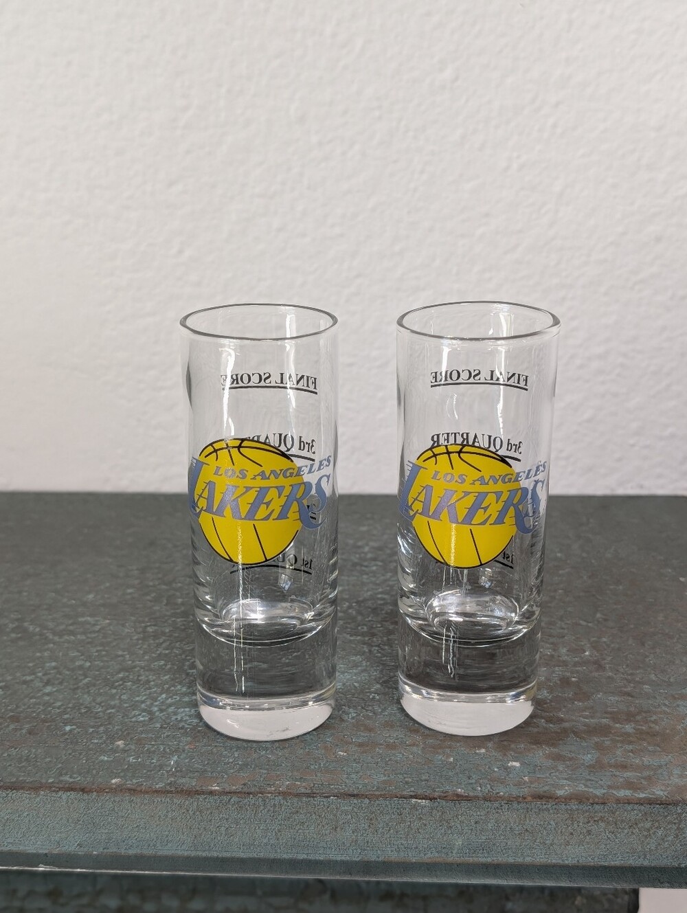 Vtg Pair of Los Angeles Lakers Gameday Shot Glasses Quarter Lines Boelter Brands